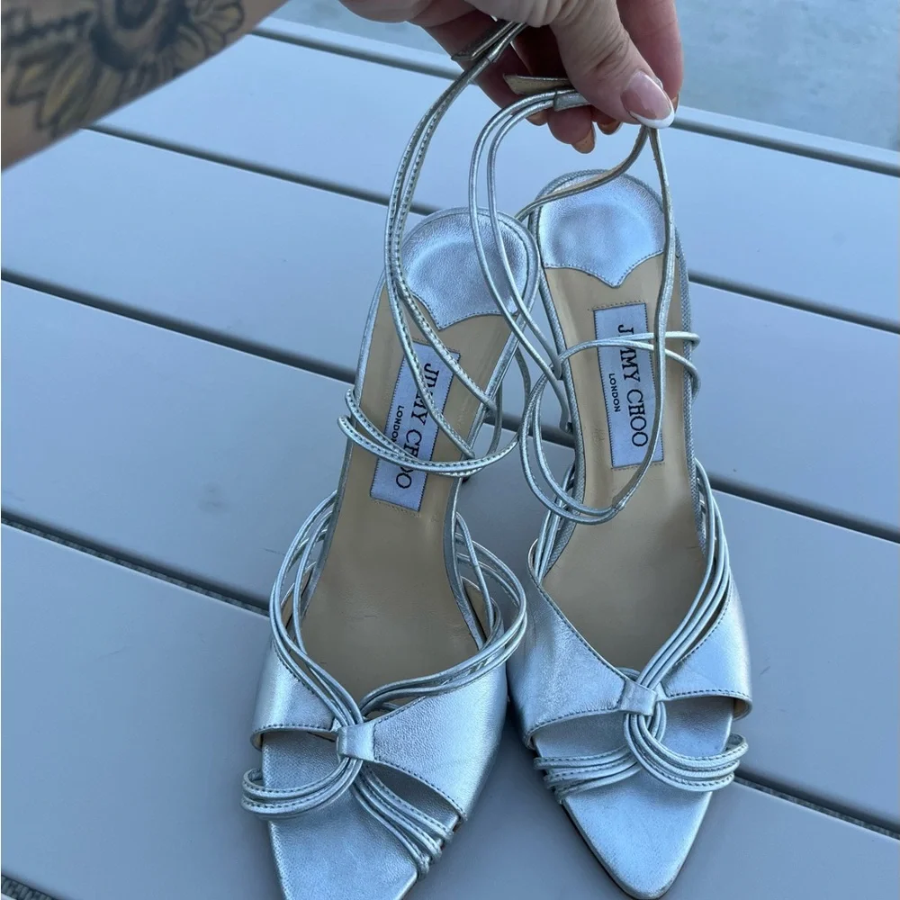 Jimmy Choo Silver Metallic Ankle Strappy Stiletto Heels - Picture 3 of 8